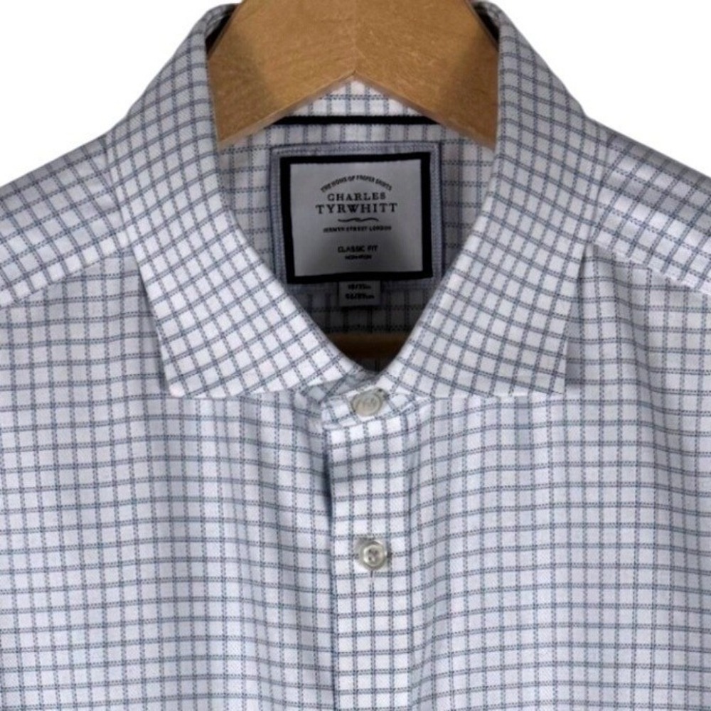 Charles Tyrwhitt Classic Fit Non-Iron Micro Check Shirt Mens 18 Blue White